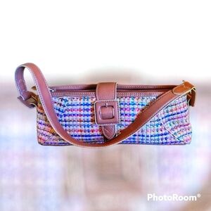Vtg LIZ CLAIBORNE Y2k Pastel Rainbow Metallic Basket Tweed Carpet Baguette Bag